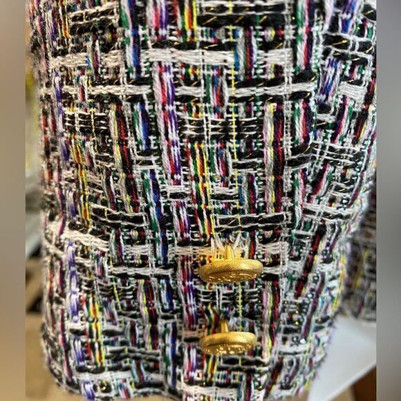 𝅺jacket Society cropped tweed Lurex fringe gold buttons tailored blazer Sz S - Picture 5 of 15